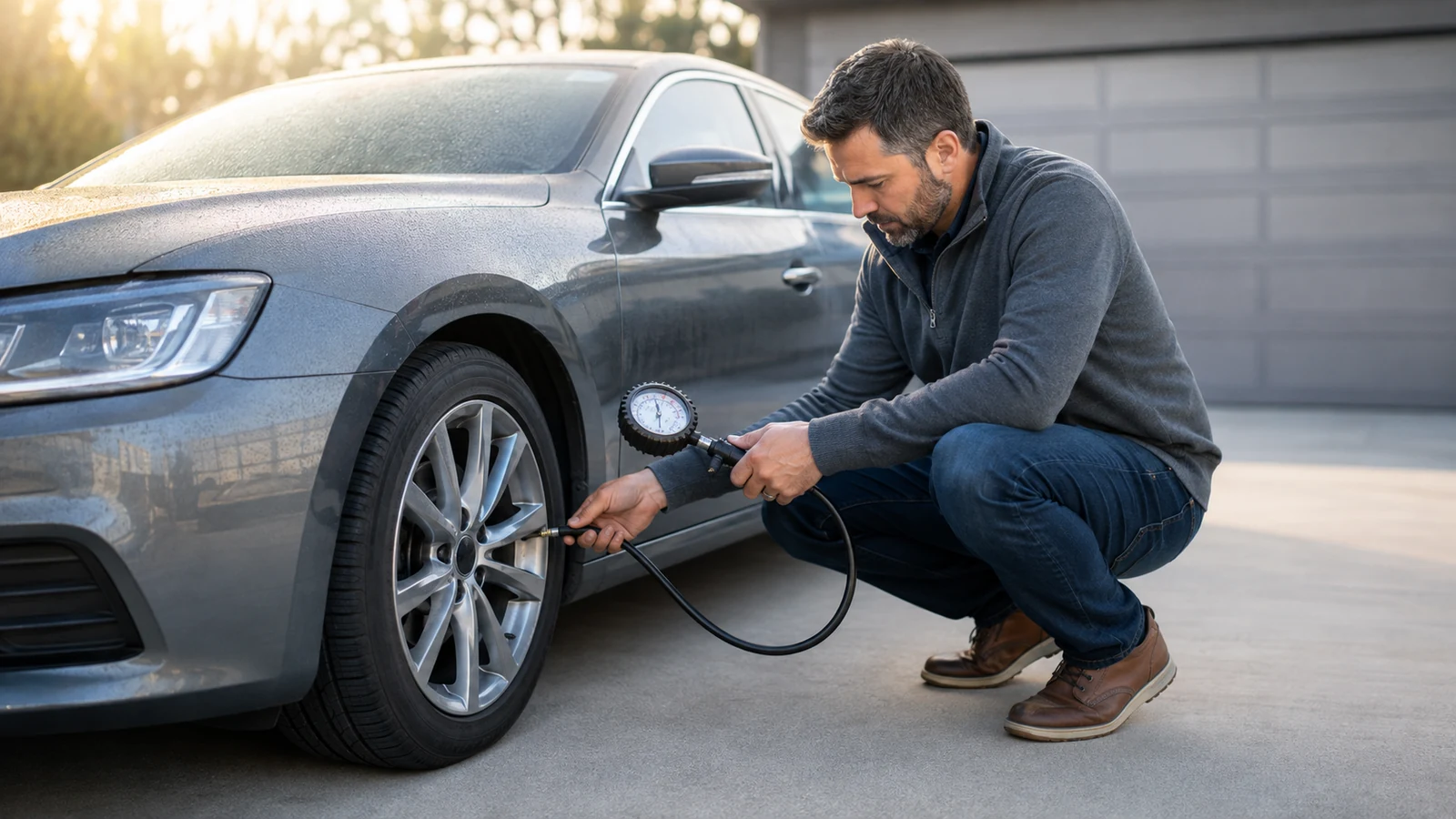 Driver checking cold tire pressure