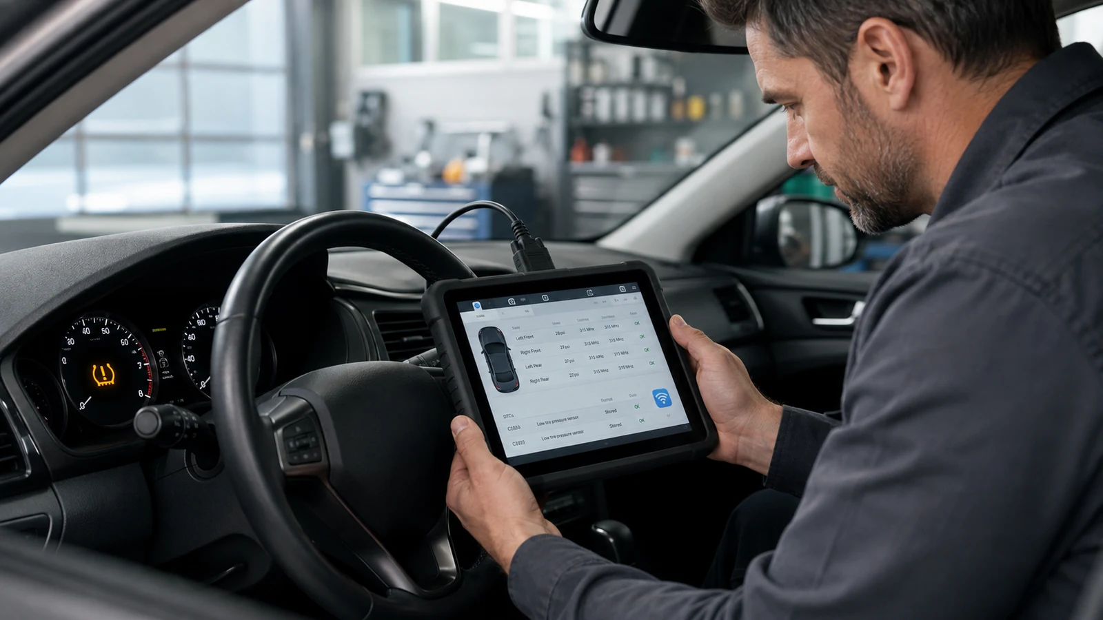 Technician diagnosing persistent TPMS warning
