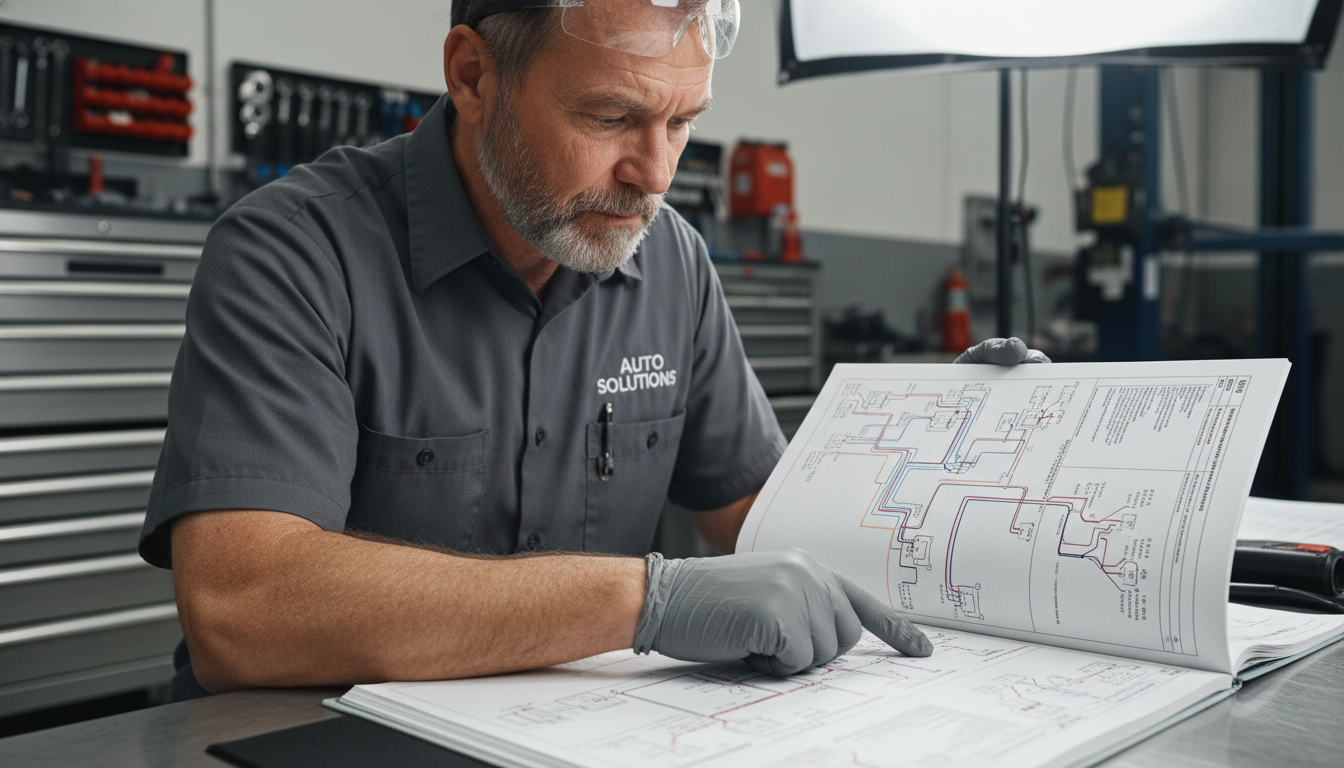A professional mechanic studying a factory service manual for complex vehicle diagnostics