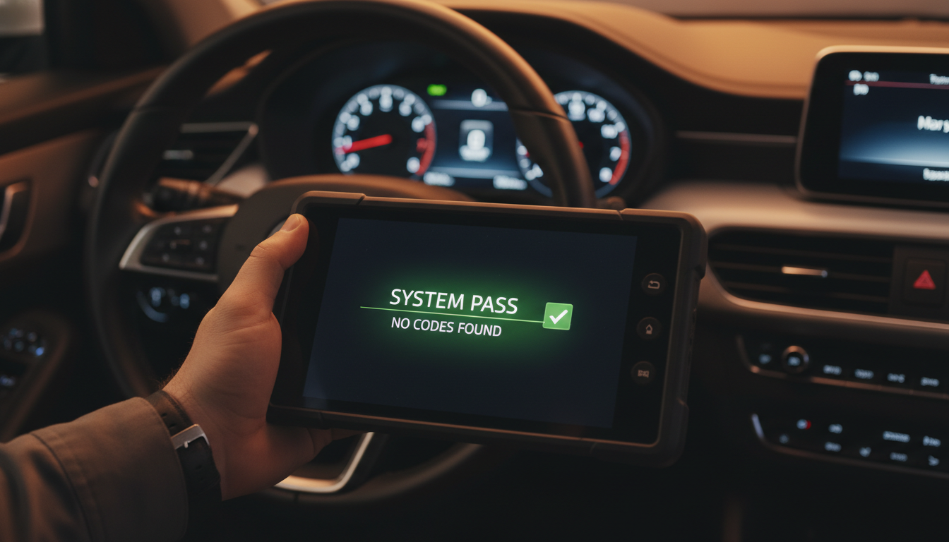 A handheld scanner showing no diagnostic trouble codes after a successful repair