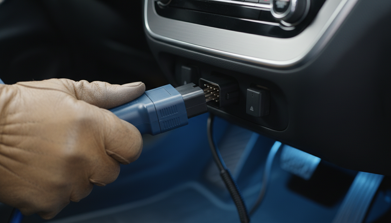 A technician connecting a professional scan tool to a car's OBD-II port under the dashboard