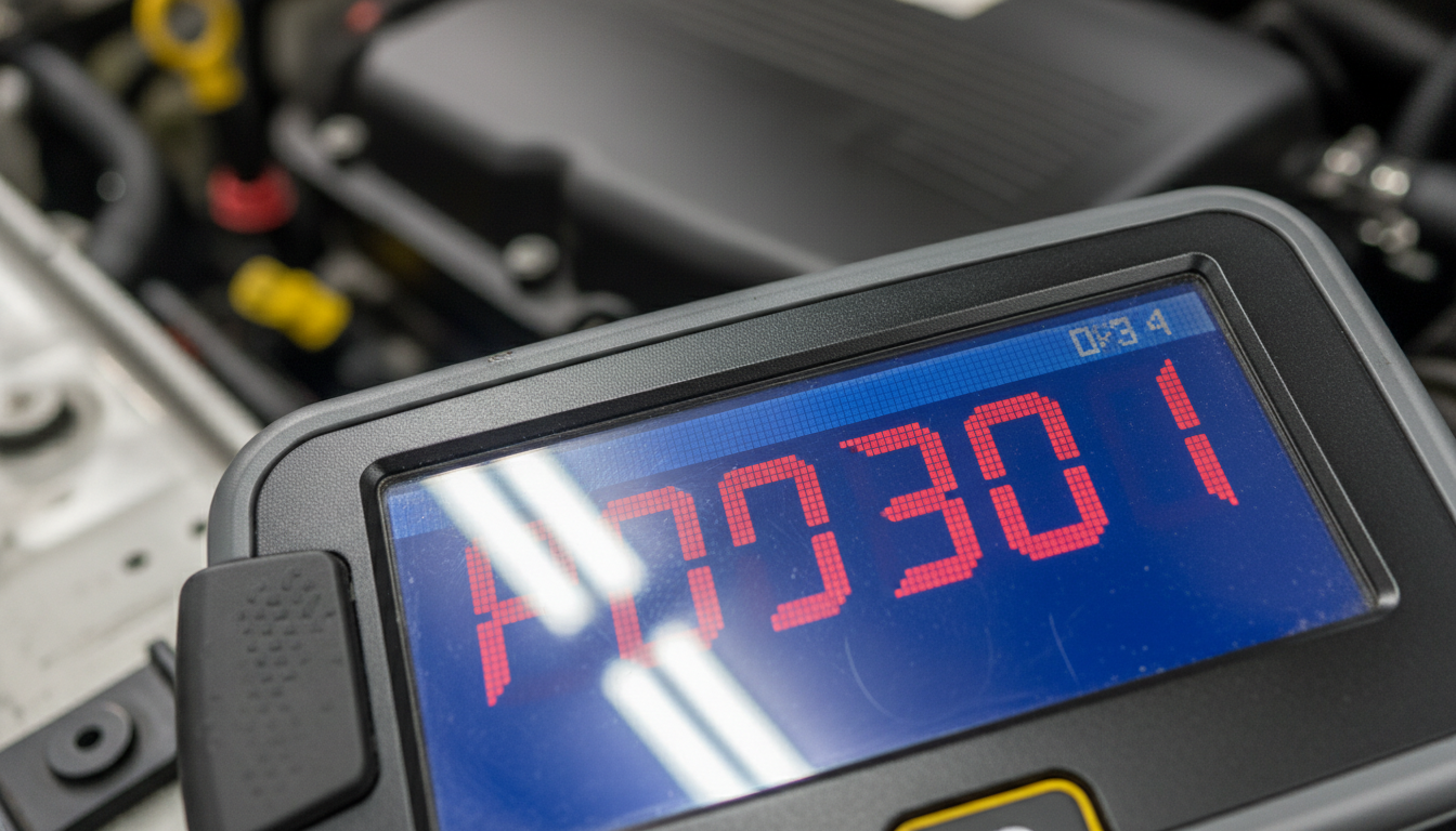 A digital scanner screen showing a P0301 powertrain diagnostic trouble code