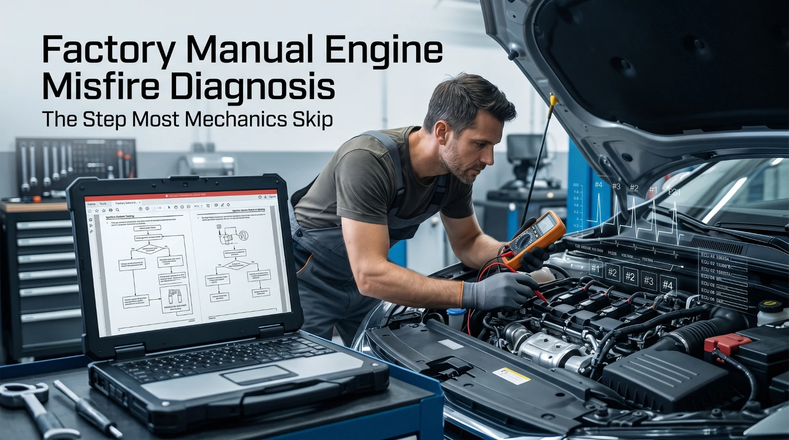 technician diagnosing engine misfire using digital factory manual