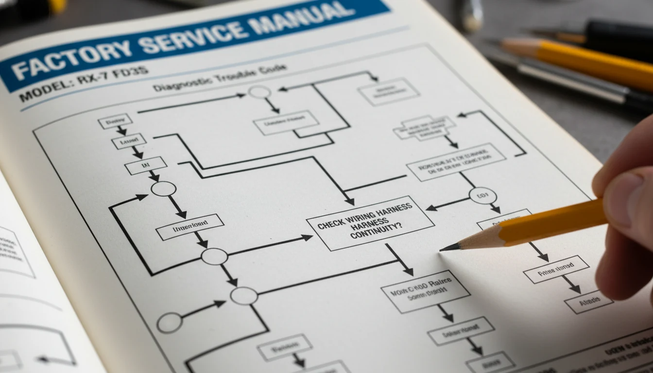 Close-up of a factory service manual showing a detailed diagnostic flowchart for engine repairs.