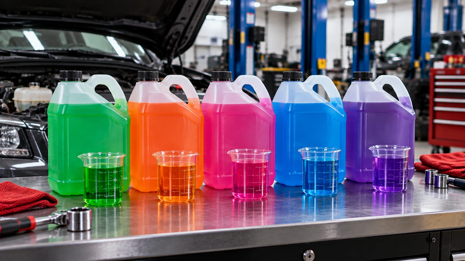 Different antifreeze coolant colors compared on workshop bench