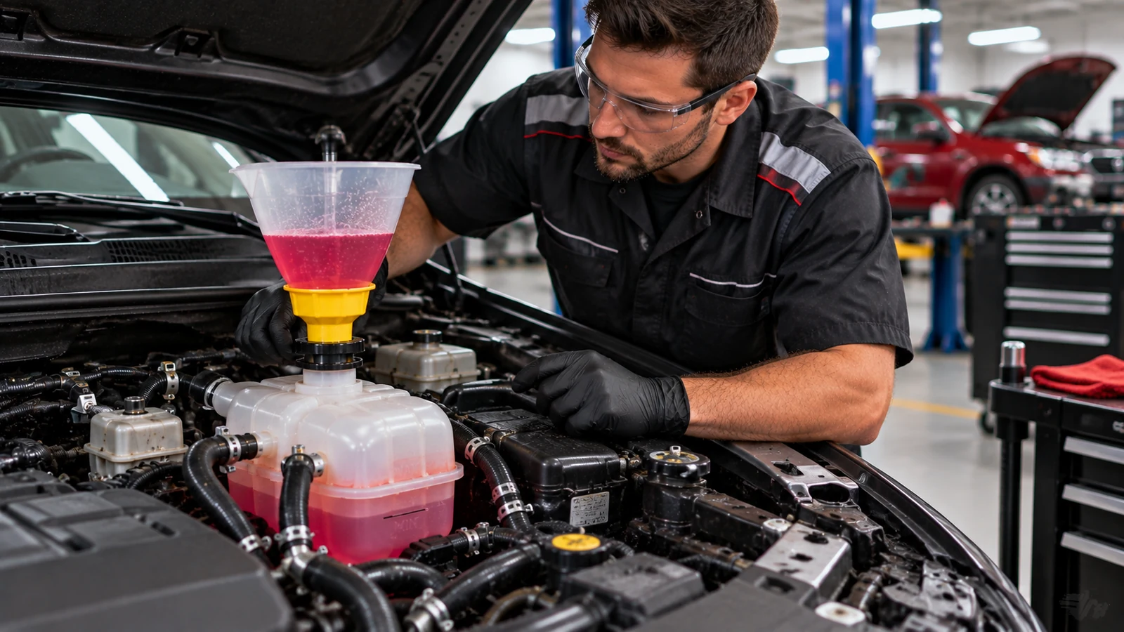 Technician bleeding air from vehicle cooling system