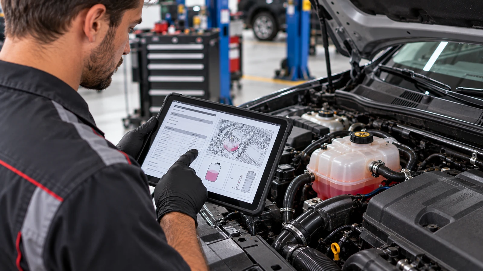 Mechanic checking factory manual for coolant specifications