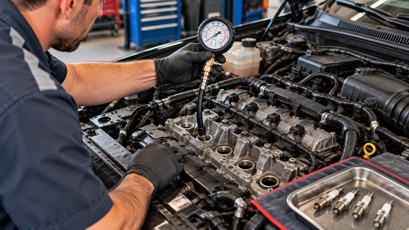 Mechanic performing cylinder compression test