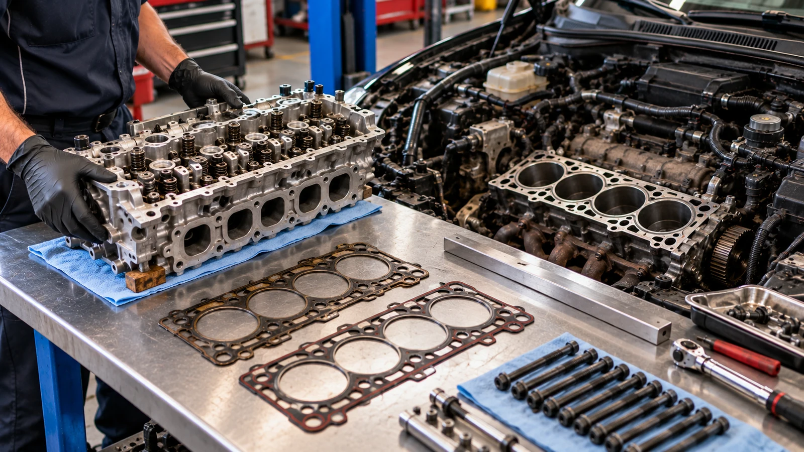 Cylinder head gasket repair in workshop
