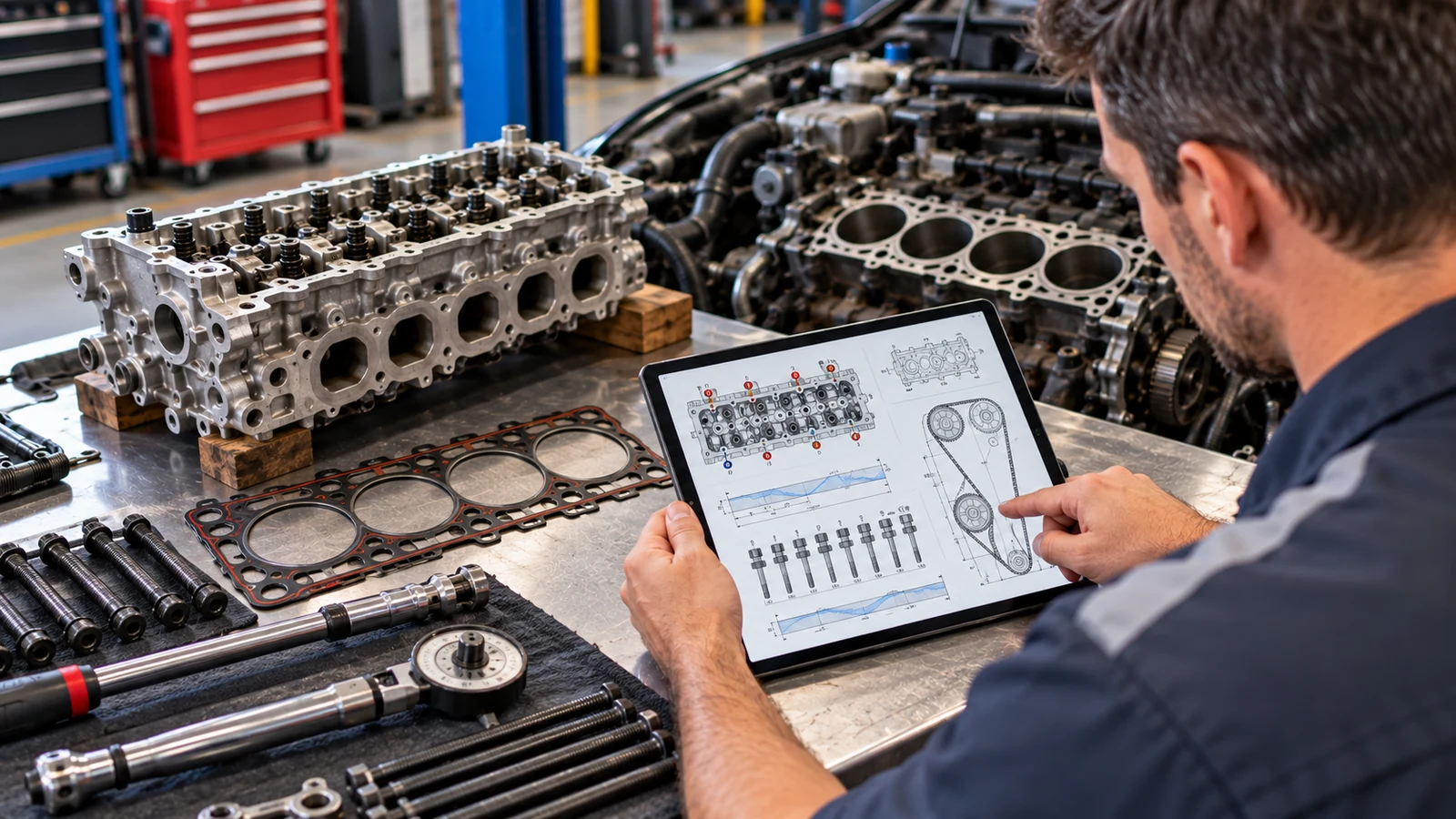 Technician checking factory head bolt sequence