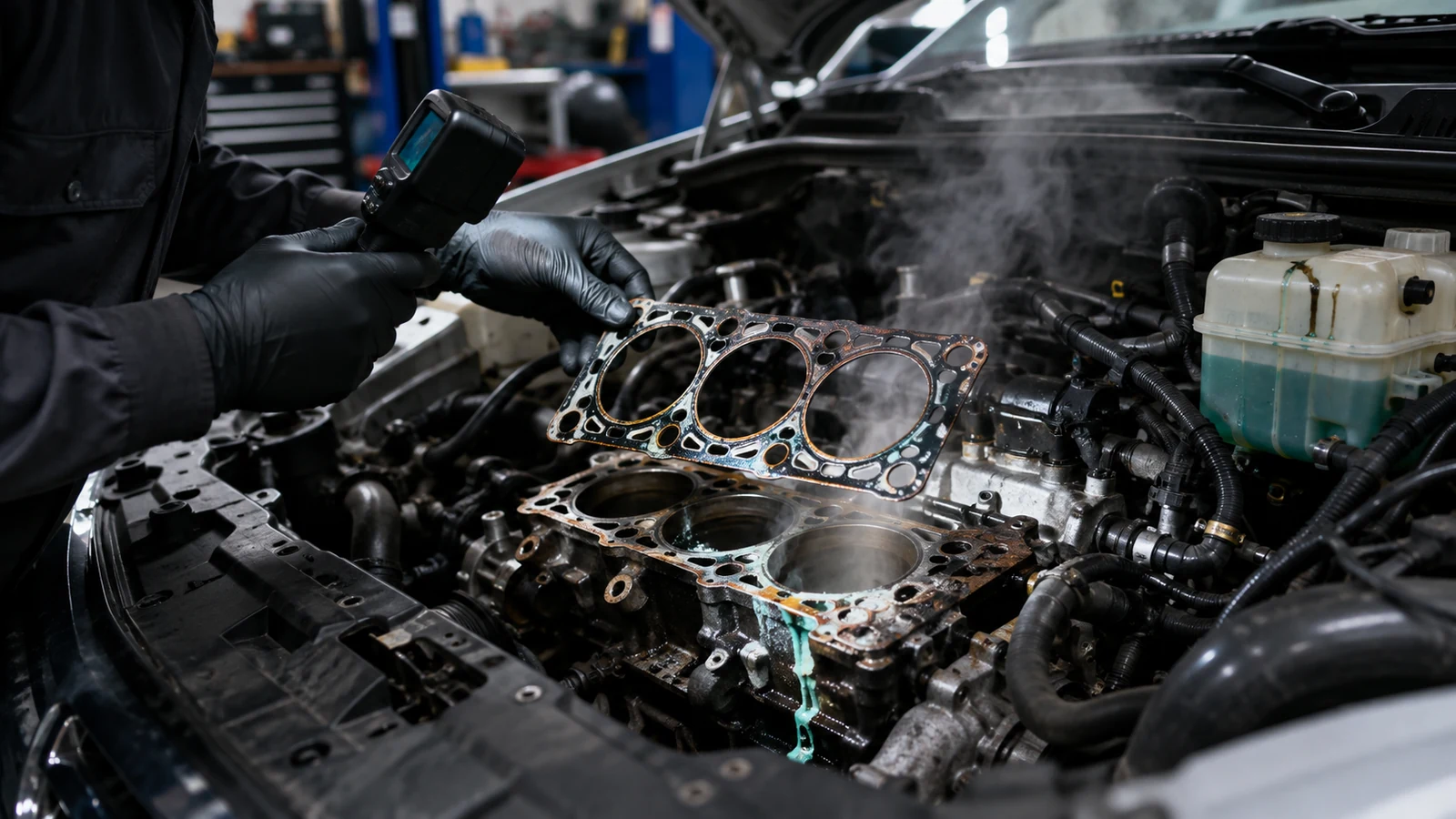 Mechanic inspecting damaged engine head gasket