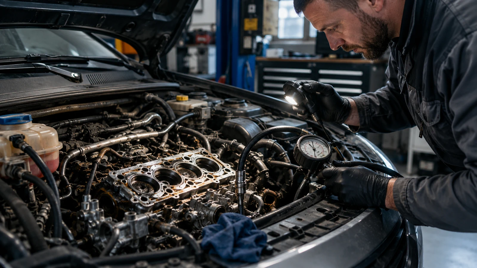 Mechanic diagnosing exposed engine head gasket