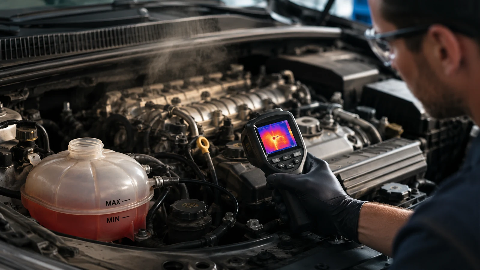 Mechanic checking engine coolant hot spots