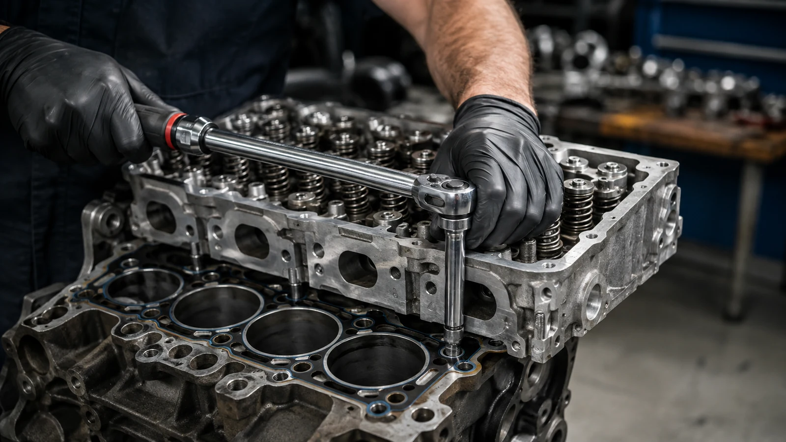 Mechanic tightening cylinder head with torque wrench