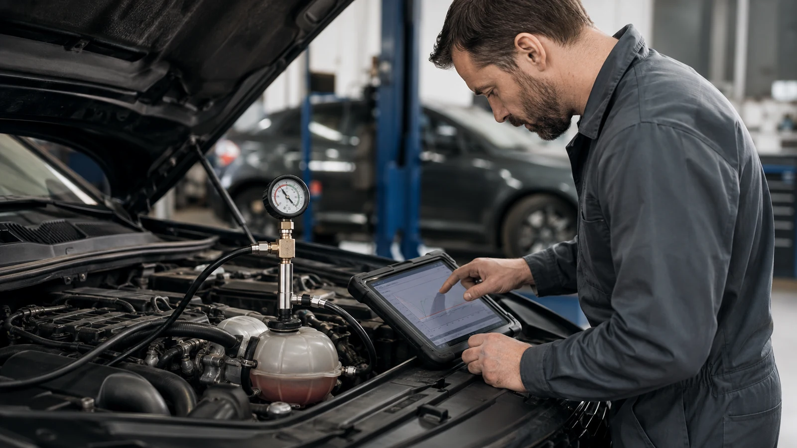 Mechanic testing cooling system pressure sequence