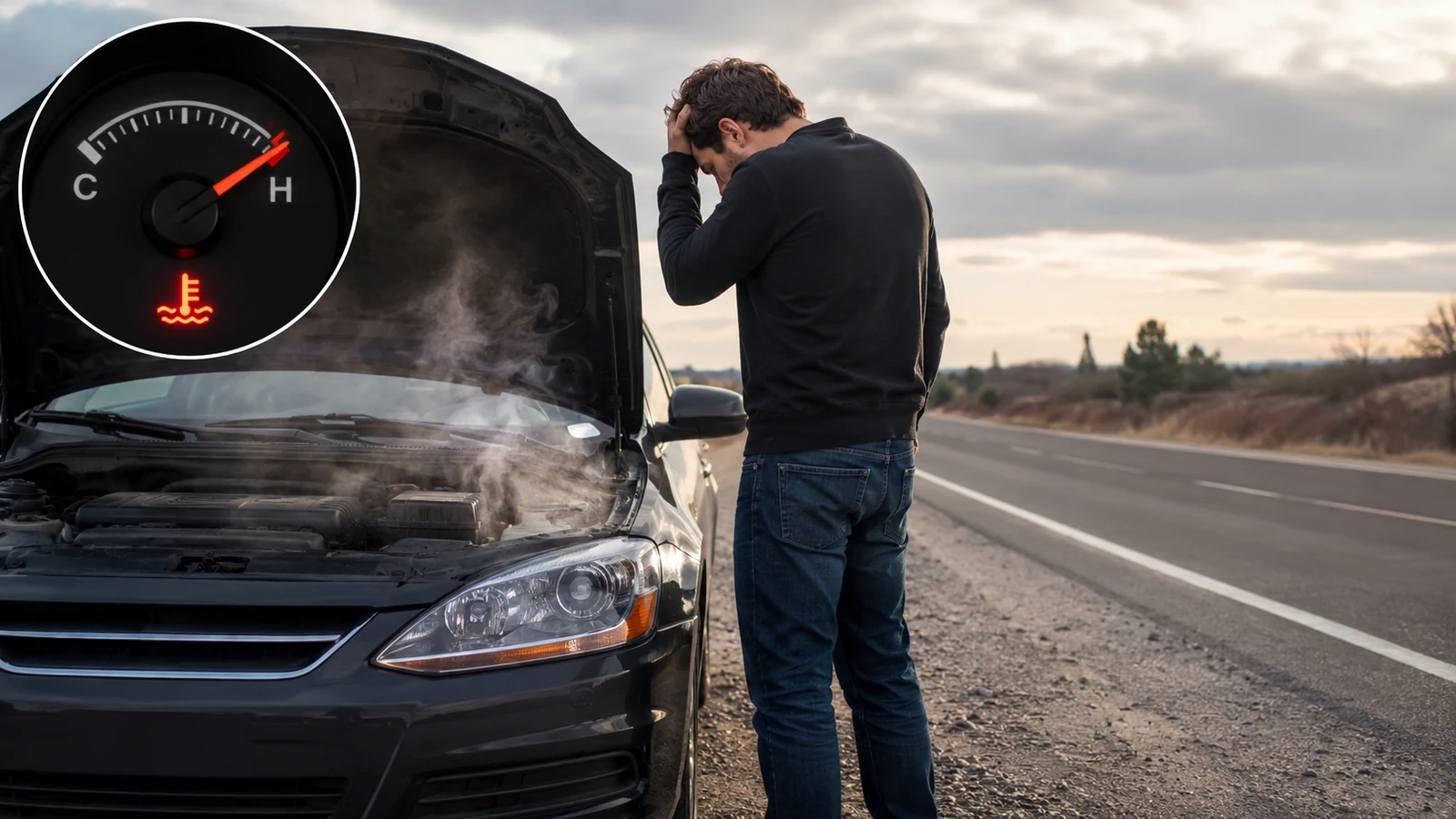 Driver stops beside overheating steaming car