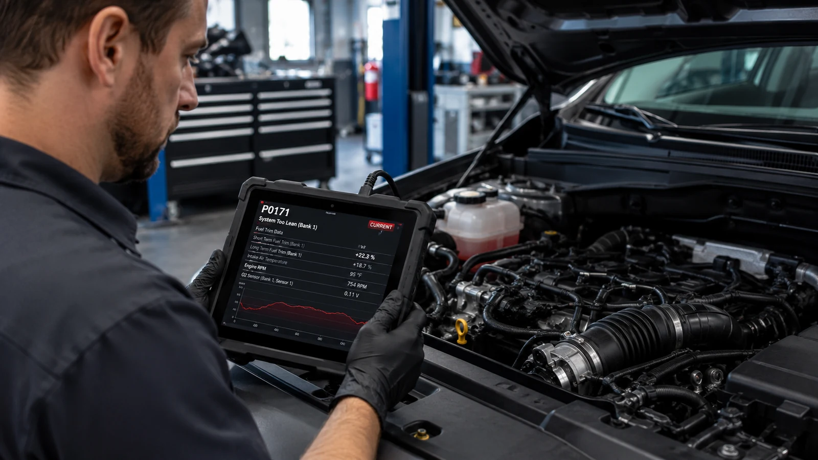 Mechanic diagnosing P0171 engine warning code