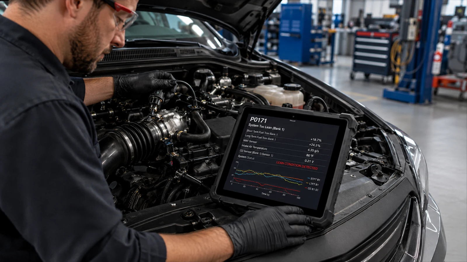 Technician diagnosing lean engine condition