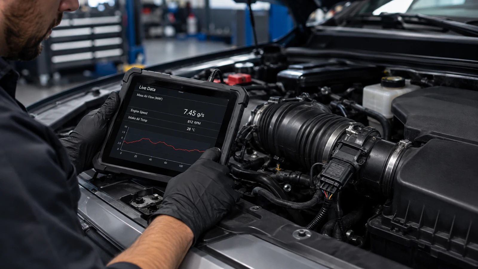 Mechanic checking MAF sensor readings
