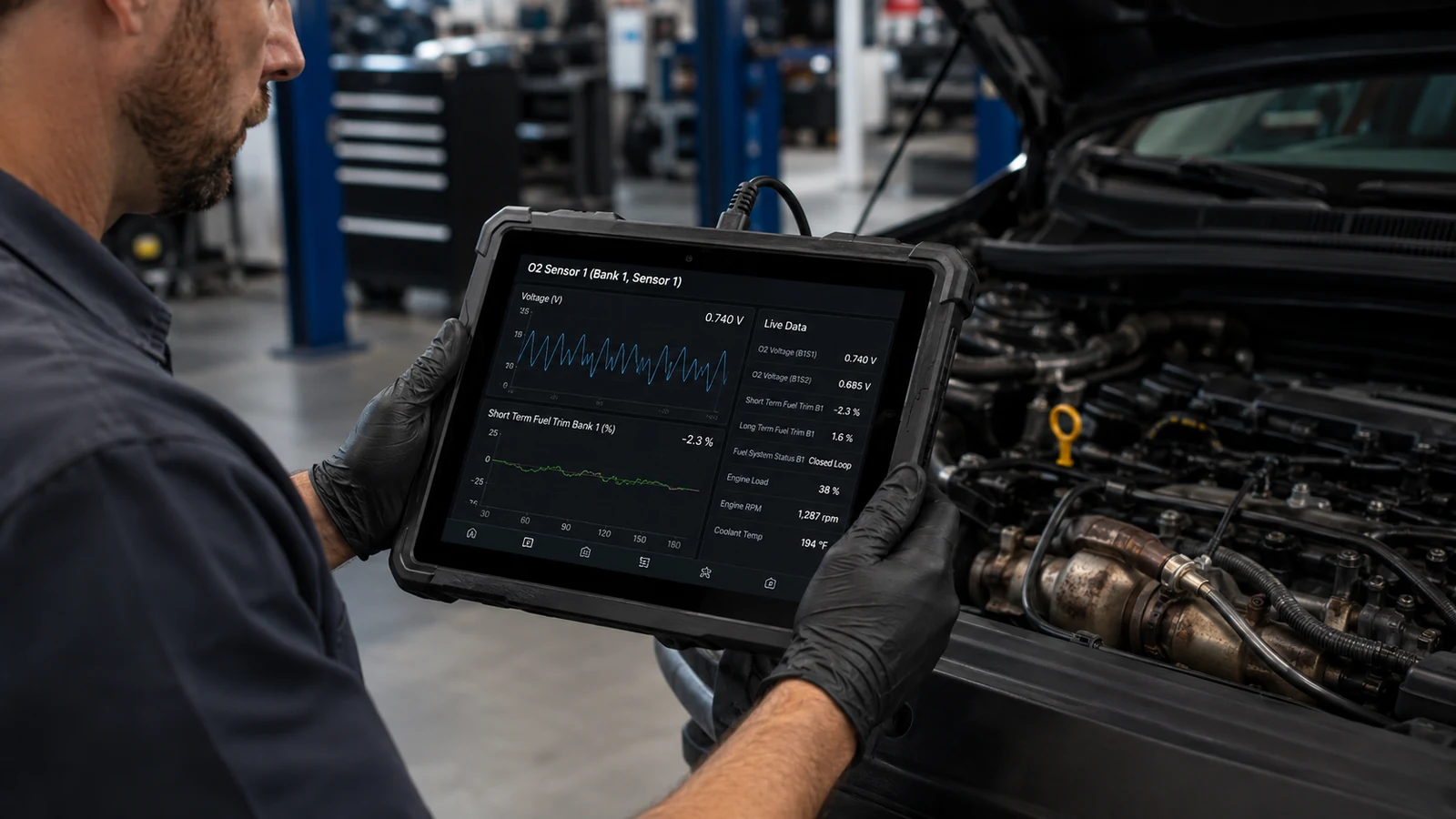 Technician analyzing oxygen sensor data