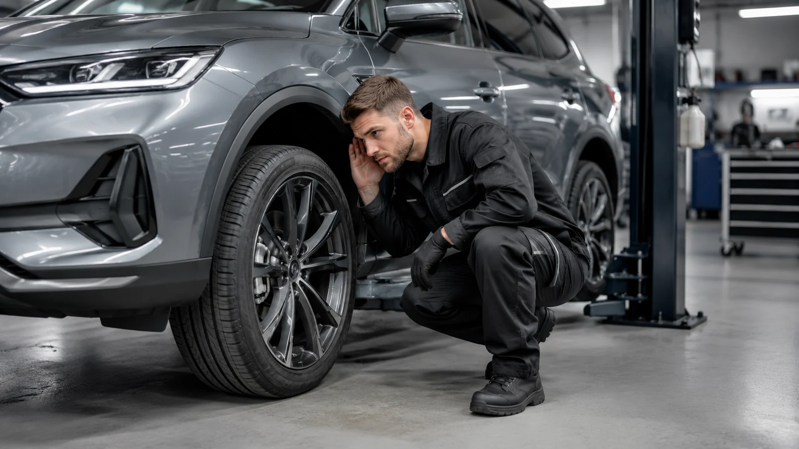 Mechanic inspecting noisy vehicle wheel bearing