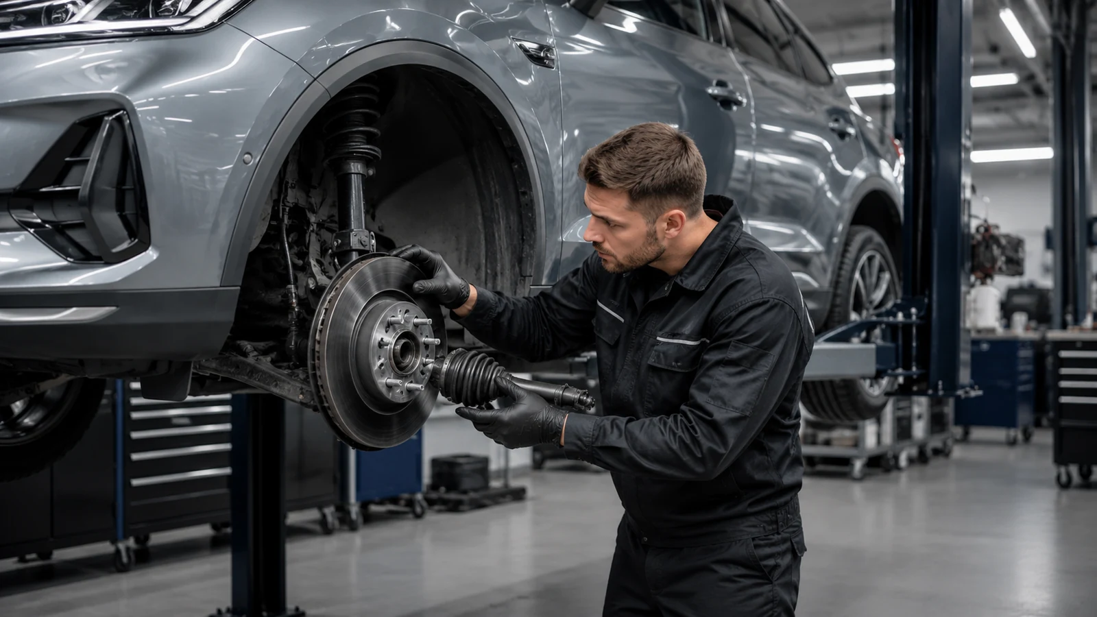 Mechanic comparing wheel and CV components