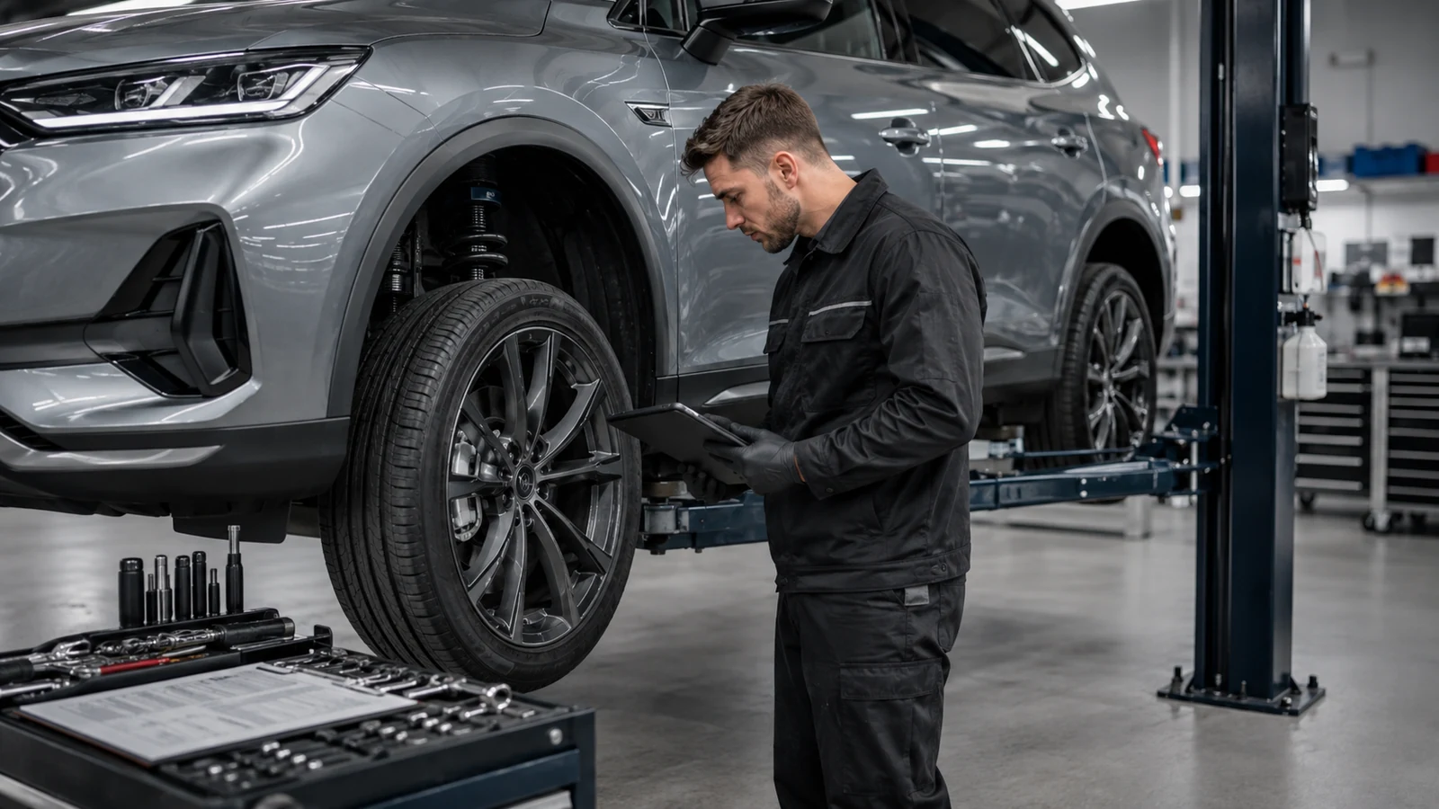 Mechanic following vehicle inspection steps