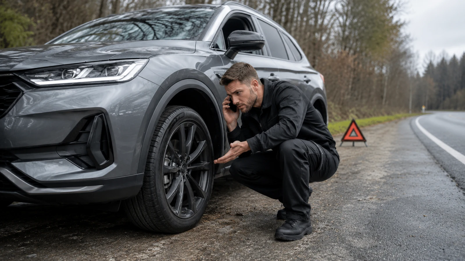 Driver inspecting damaged wheel roadside safely