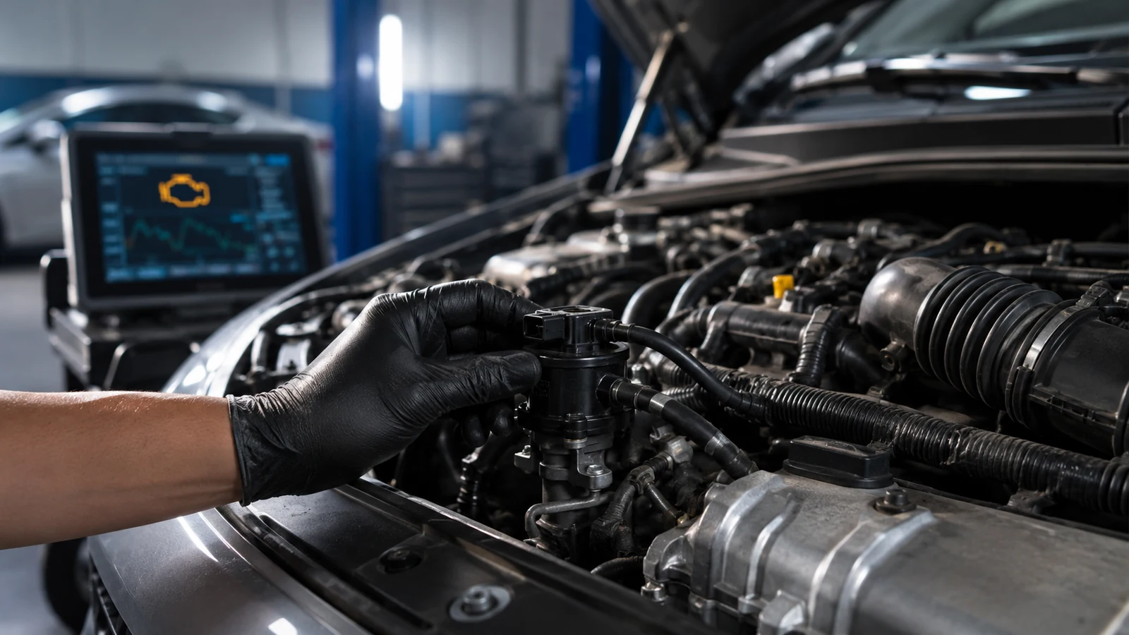 Mechanic inspecting purge valve in engine