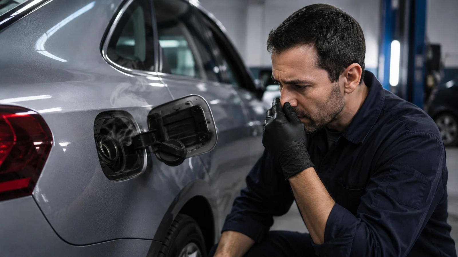 Mechanic checking fuel vapor odor