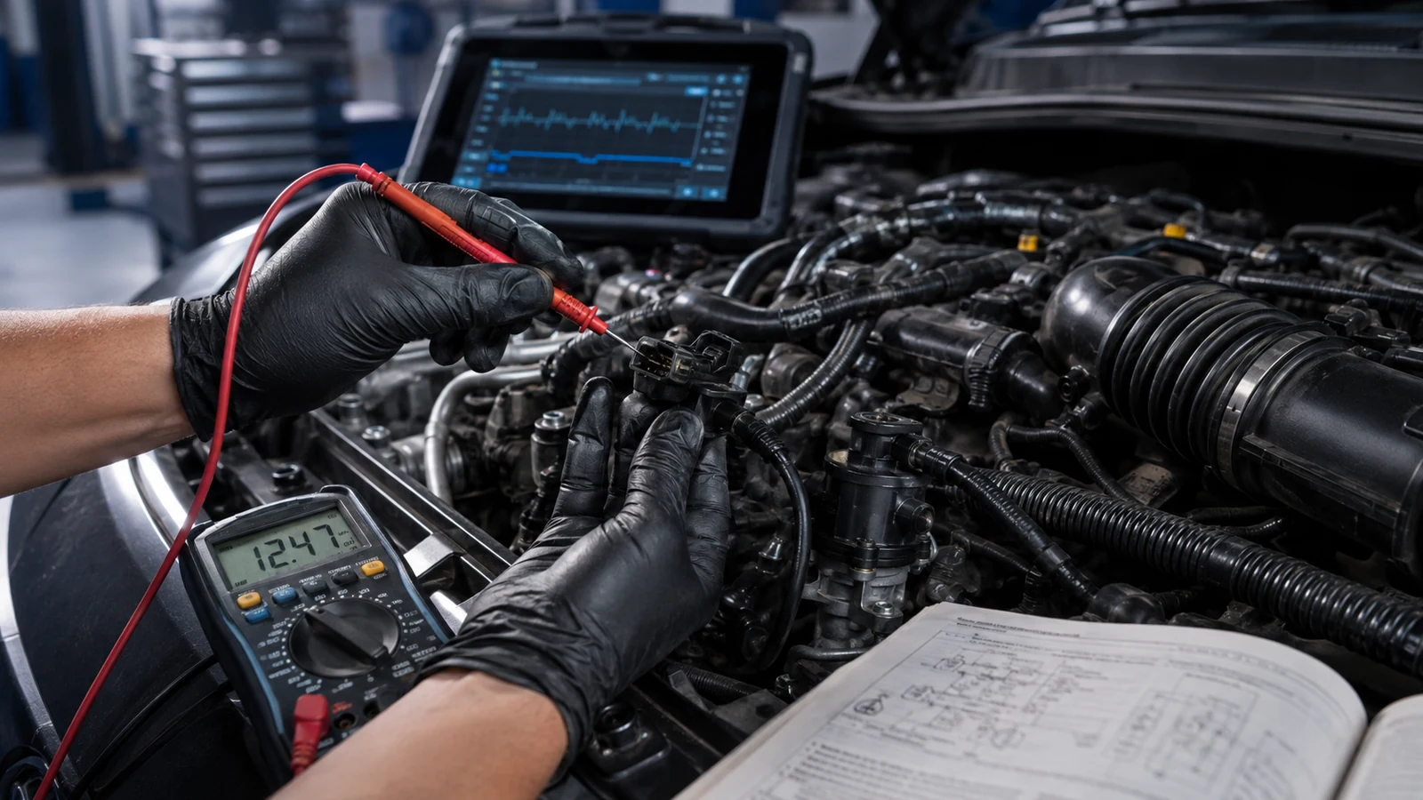 Mechanic electrically testing purge valve connector