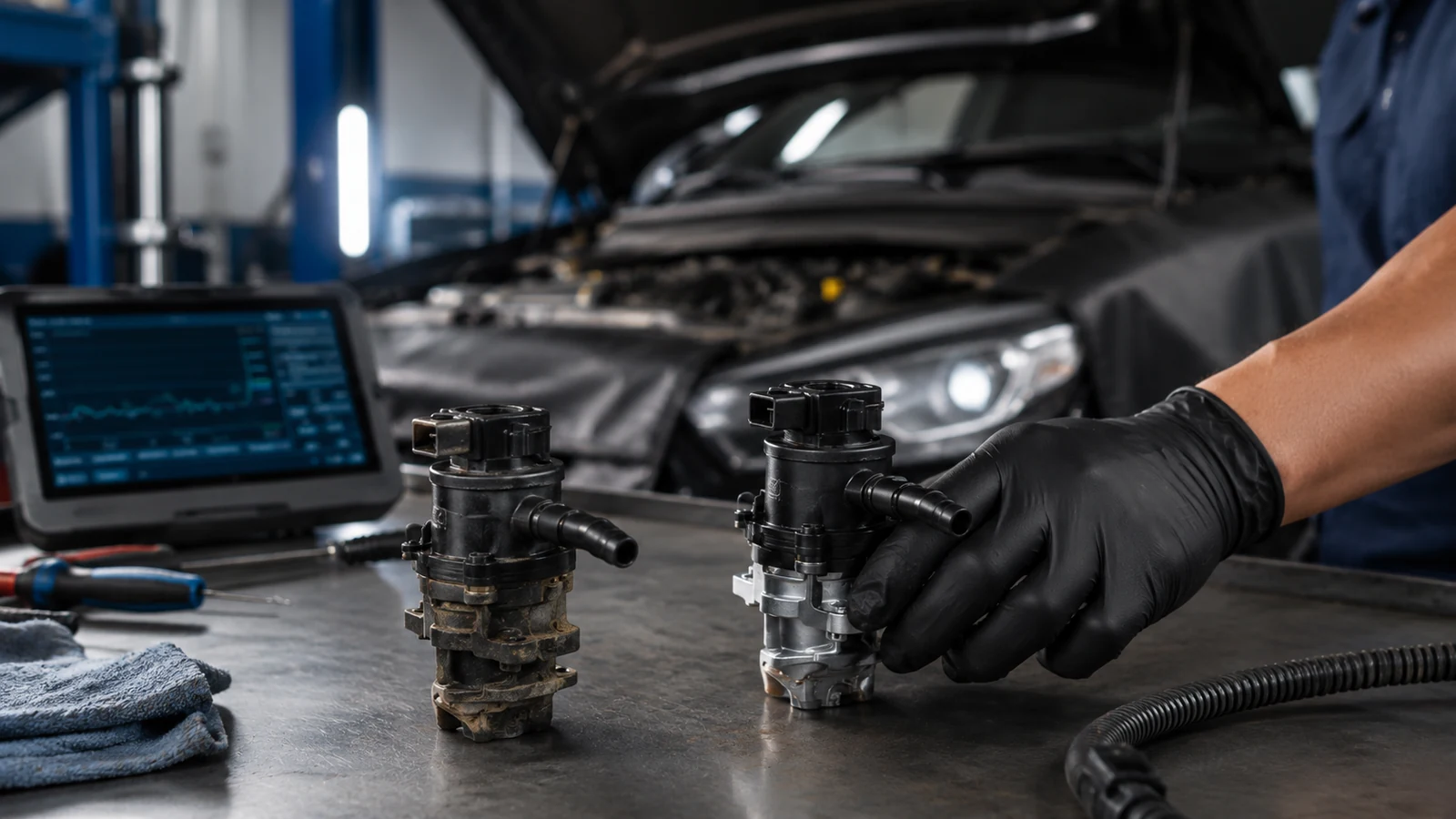 Mechanic comparing old and new valves
