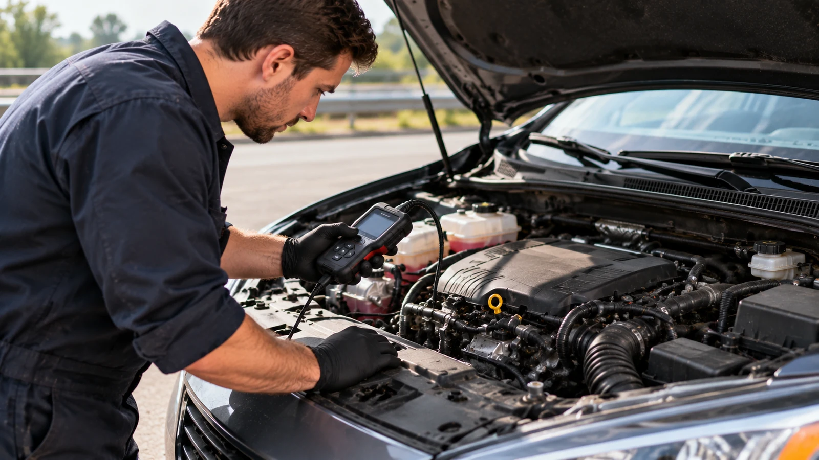 Technician scanning diagnostic trouble codes in workshop