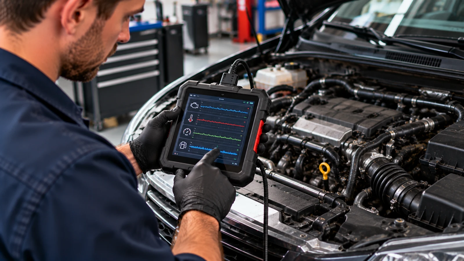 Mechanic reviewing freeze frame data on scanner