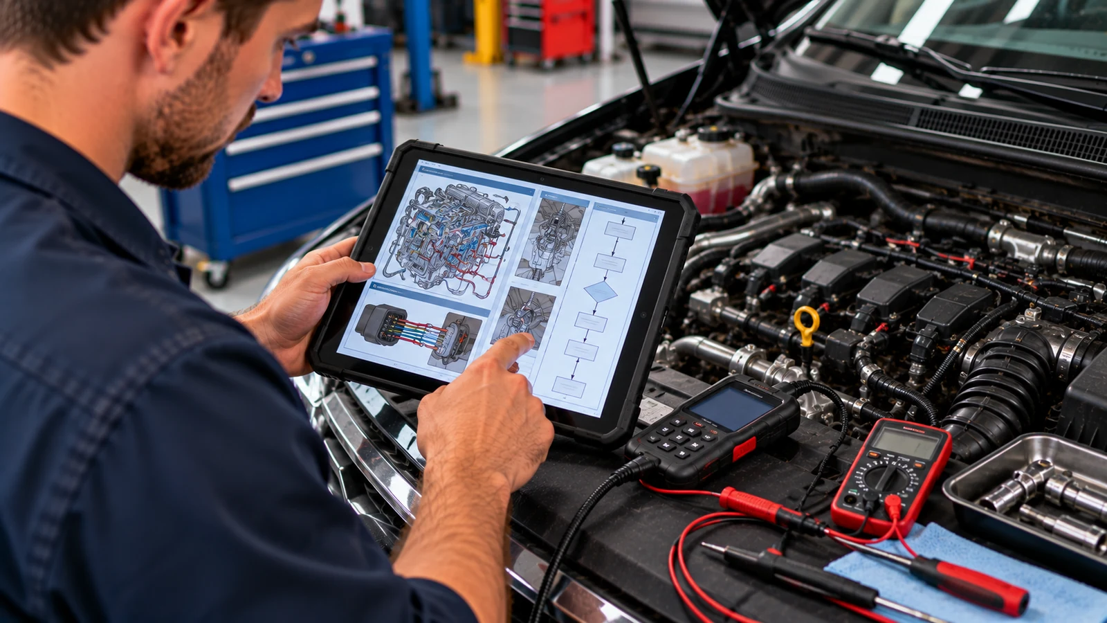 Factory manual beside engine diagnostic equipment