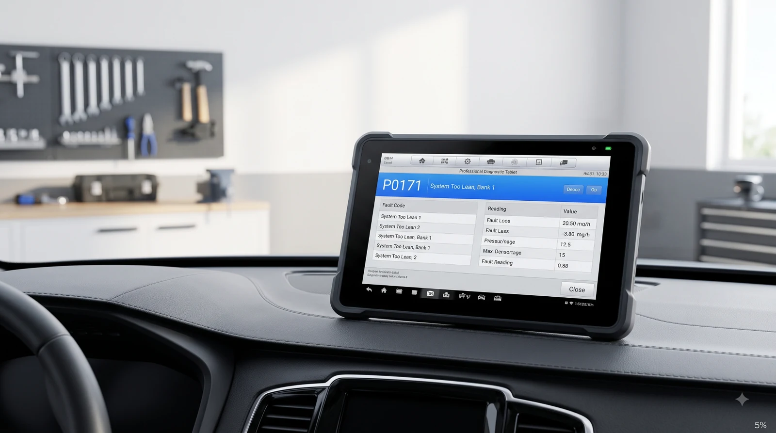 Professional diagnostic tablet displaying P0171 code.