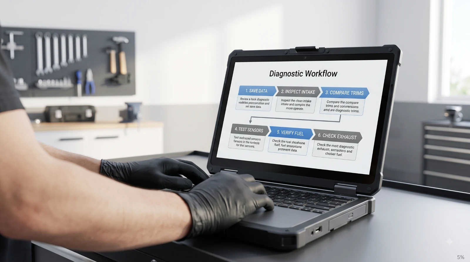 Technician reviewing structured P0171 diagnostic workflow.