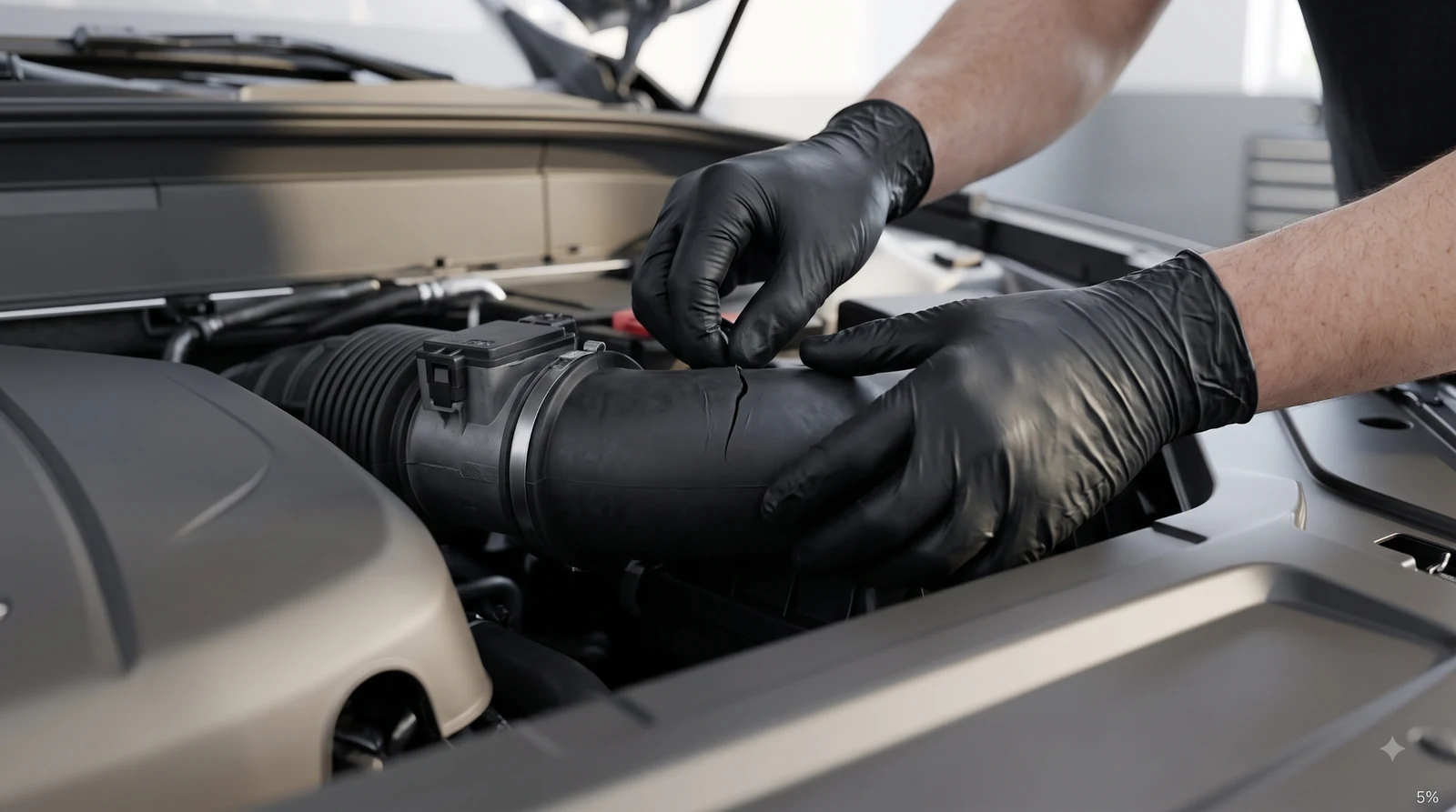 Technician hand inspecting cracked intake boot.