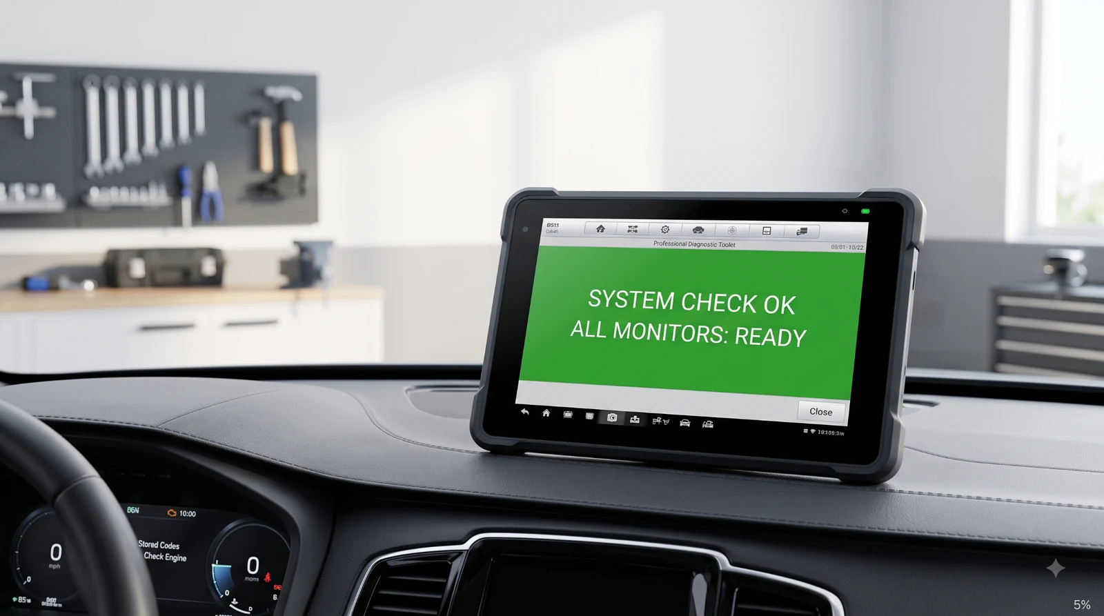 Dashboard showing green check engine status.