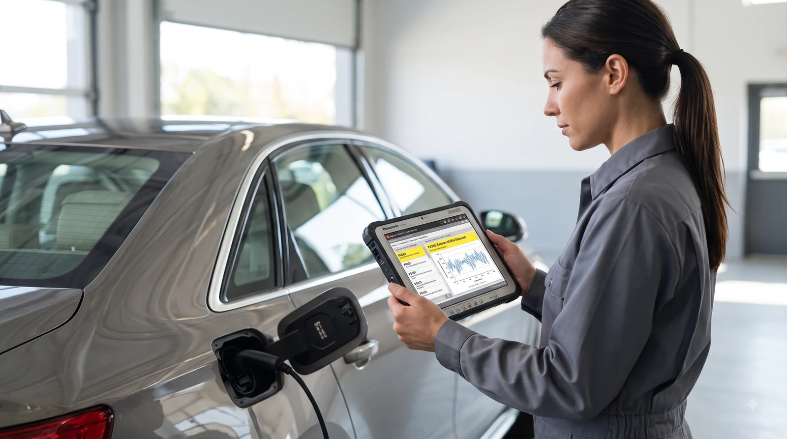Female technician scans modern car.