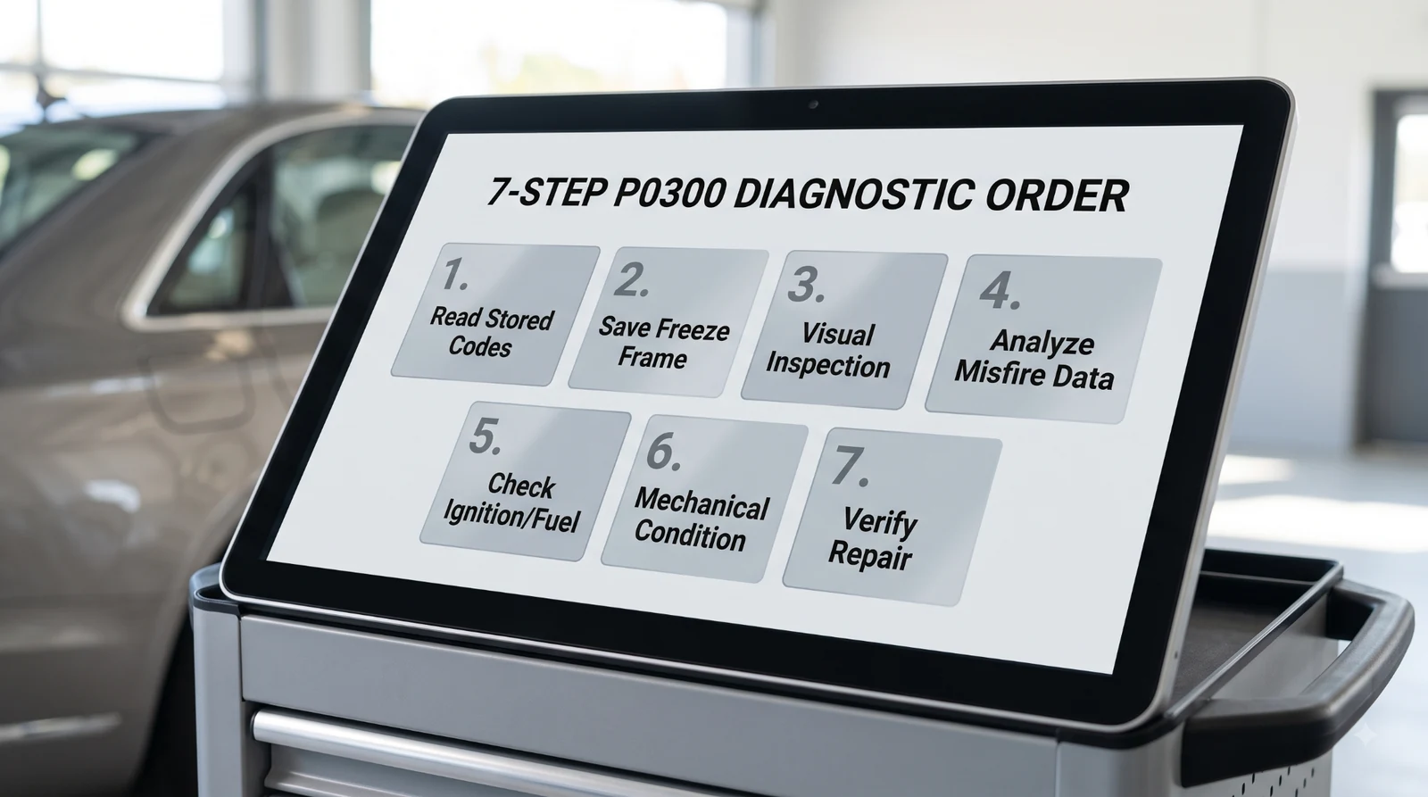 Seven-step engine diagnostic procedure guide.