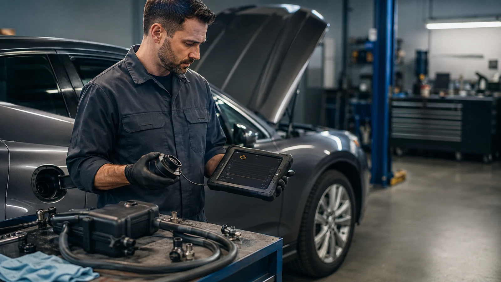 Mechanic diagnosing EVAP leak before repairs