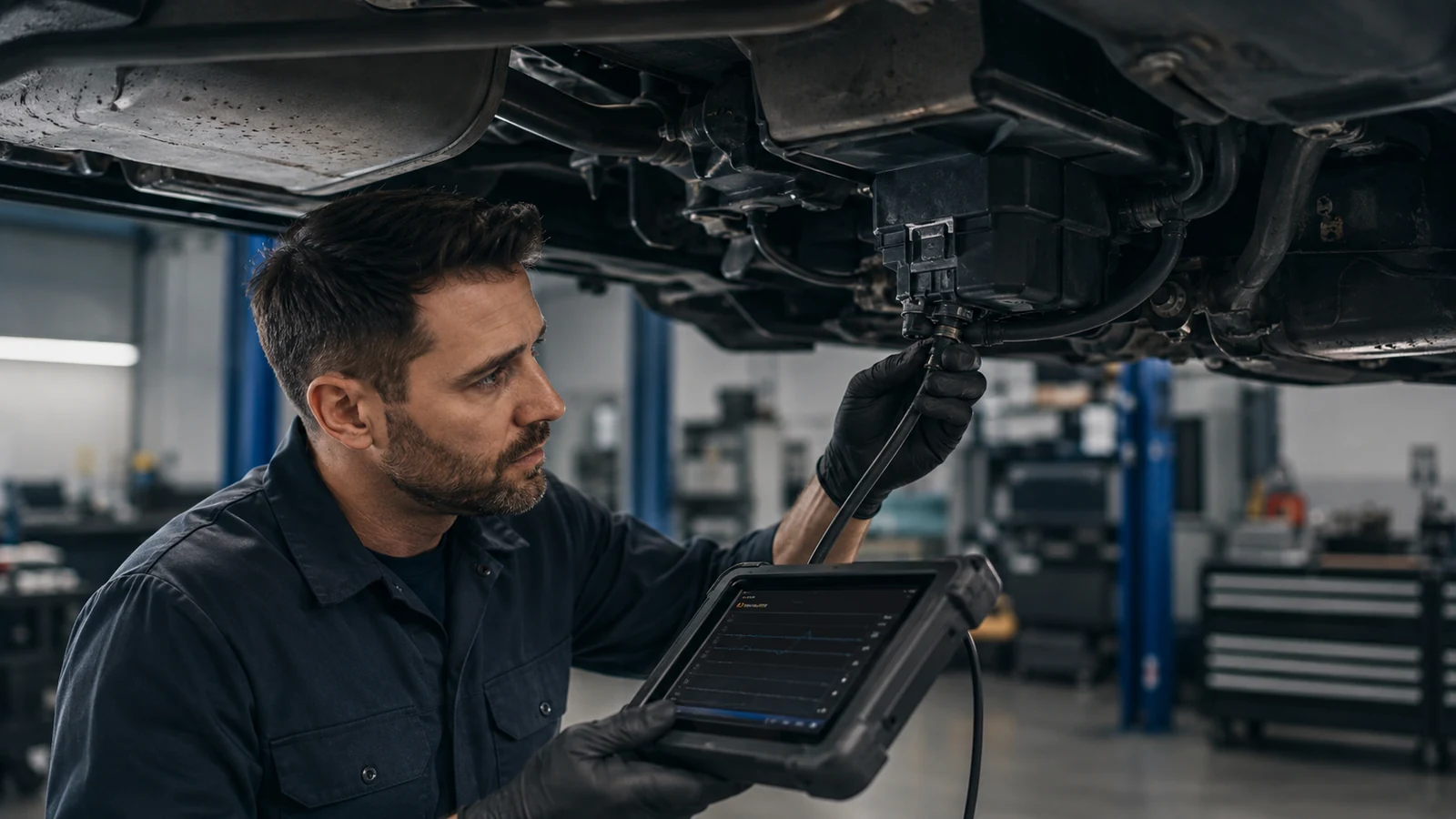 Mechanic inspecting EVAP system leak fault
