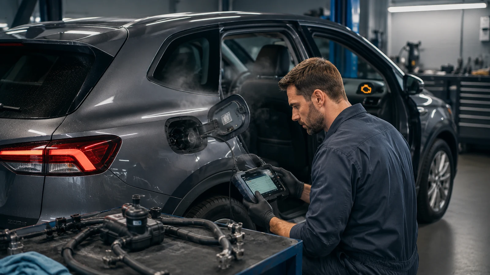 Mechanic checking vehicle EVAP warning signs