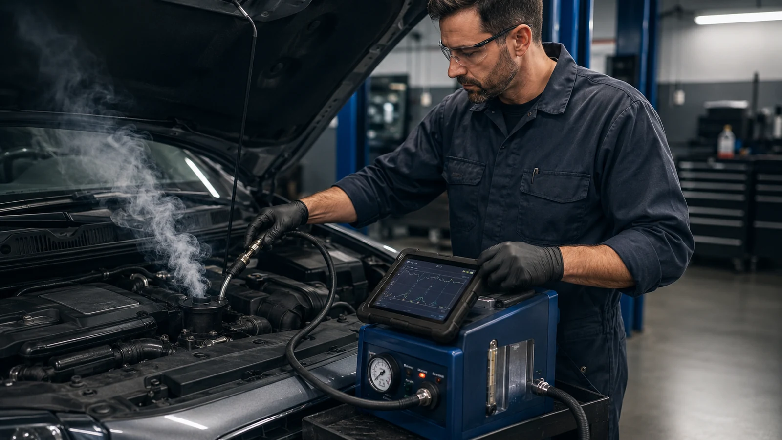 Mechanic performing EVAP system smoke test