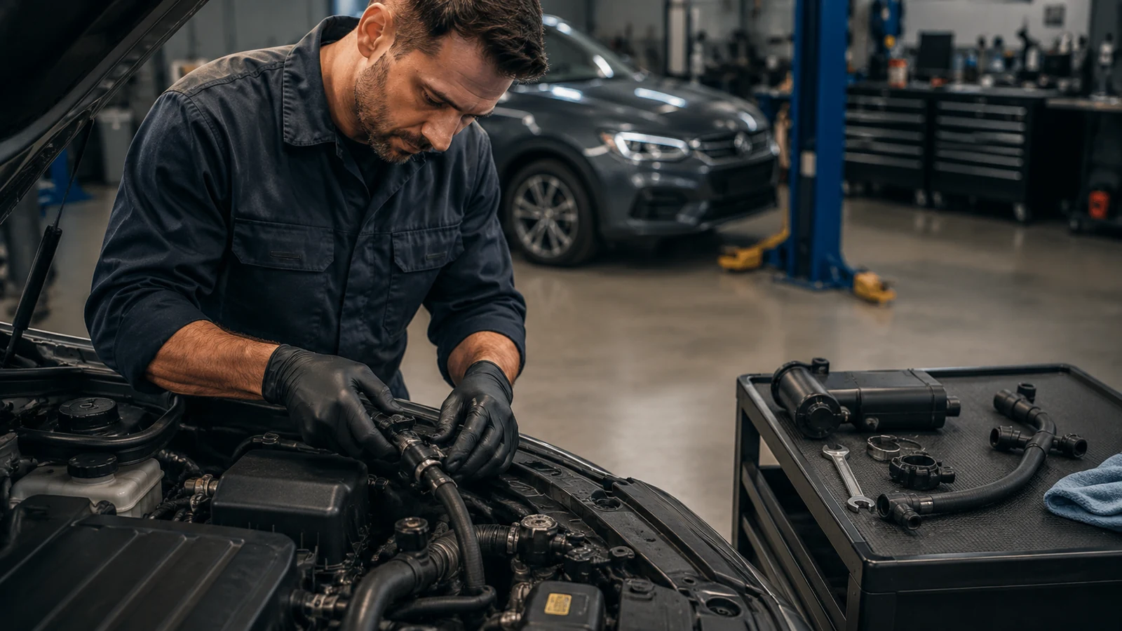 Mechanic repairing vehicle EVAP system components