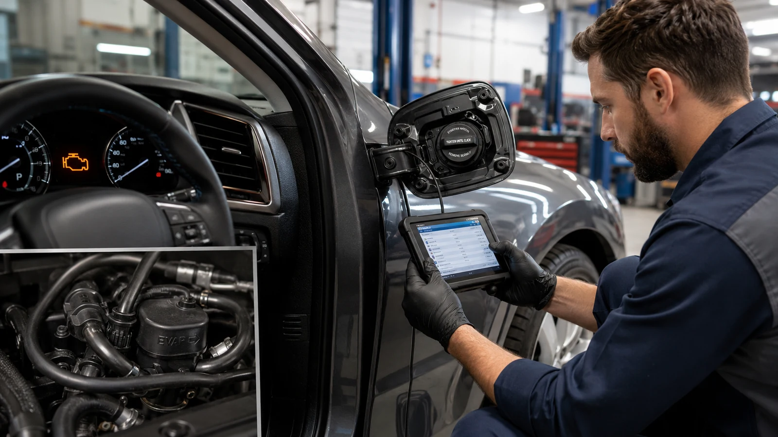 Mechanic diagnosing EVAP check engine light