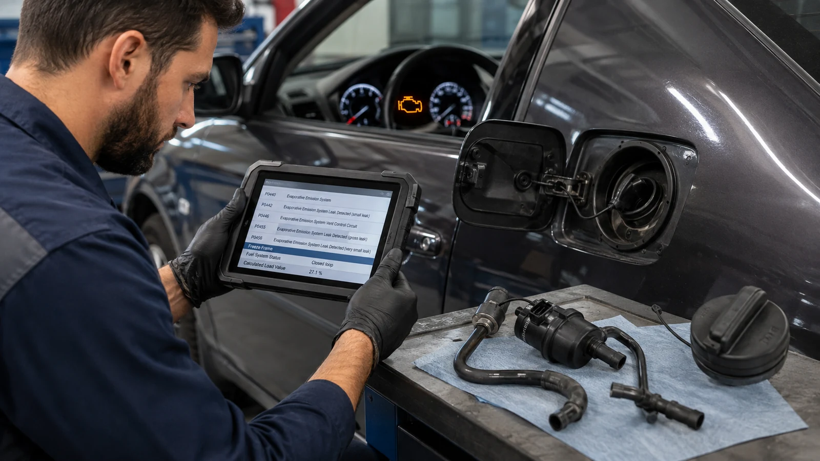 Mechanic checking EVAP diagnostic trouble codes