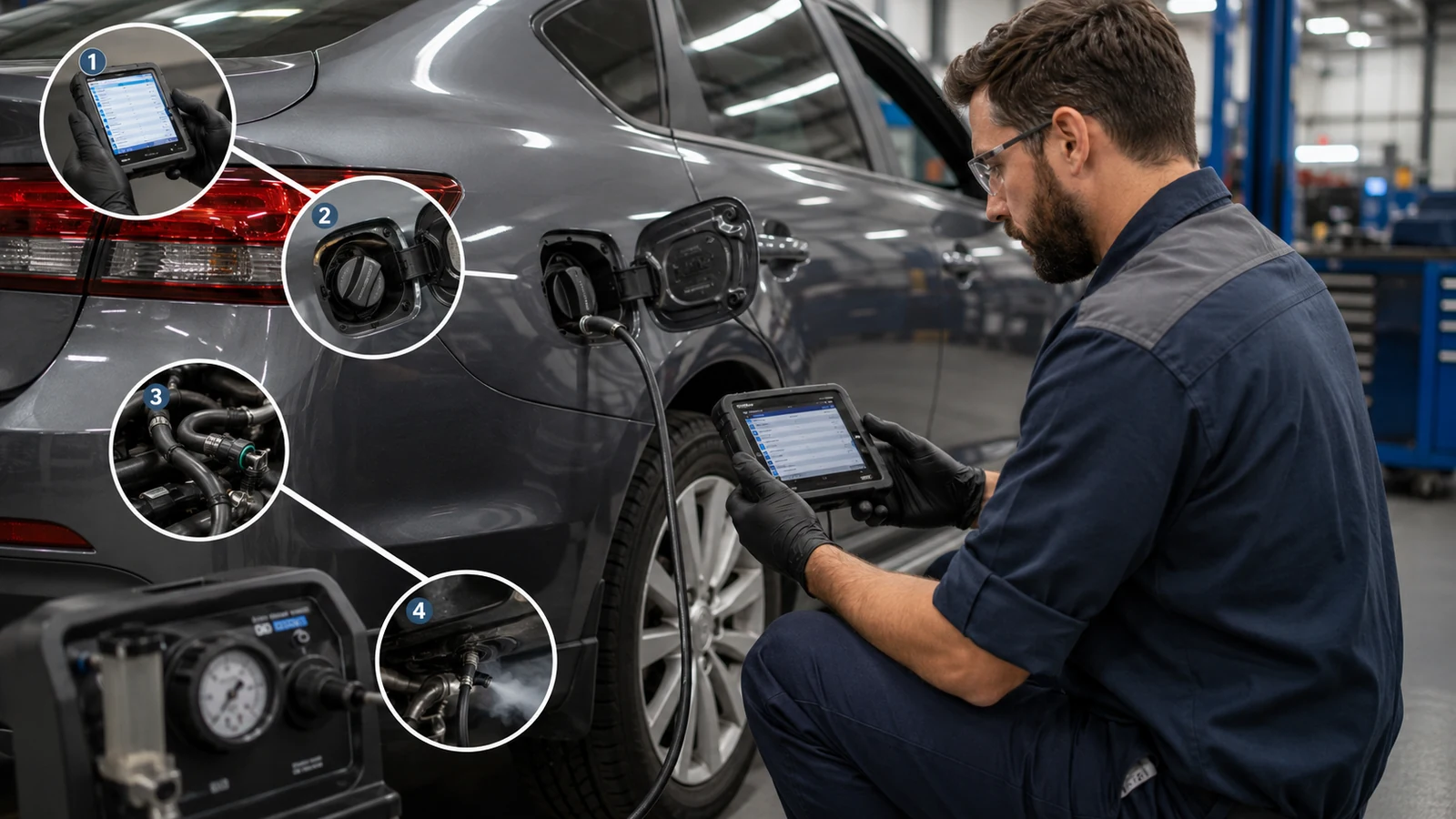Mechanic performing ordered EVAP diagnostic checks