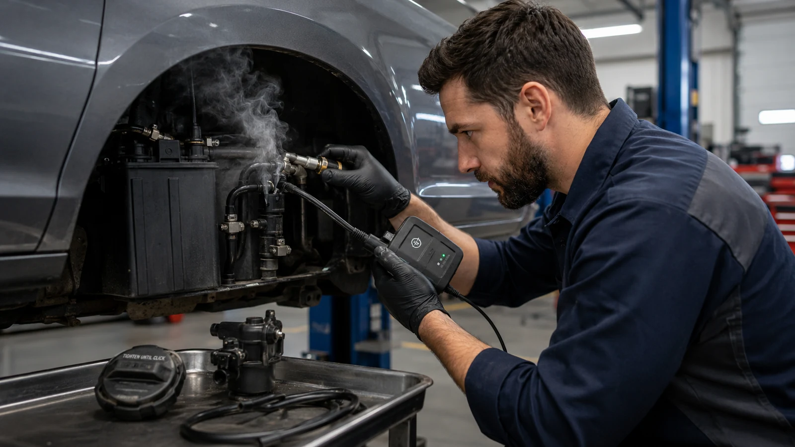 Mechanic smoke testing deeper EVAP components